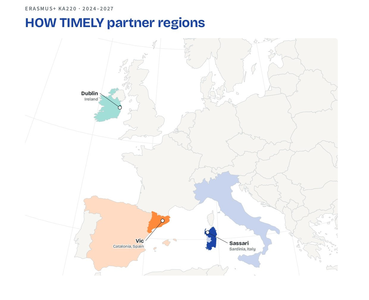 Map of partner's regions: Ireland, Catalunia, Sardinia